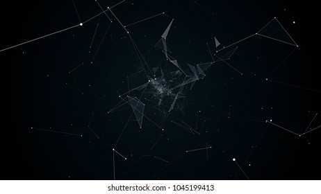 fly during network connections between nodes - dots, illustration flight in geometric abstraction with dots lines and triangles