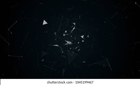 fly during network connections between nodes - dots, illustration flight in geometric abstraction with dots lines and triangles