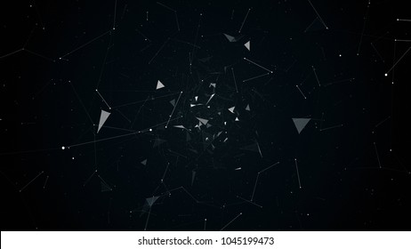 fly during network connections between nodes - dots, illustration flight in geometric abstraction with dots lines and triangles