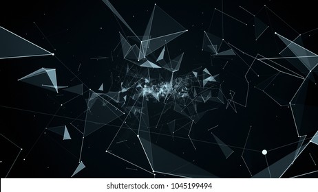 fly during network connections between nodes - dots, illustration flight in geometric abstraction with dots lines and triangles
