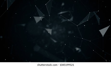 fly during network connections between nodes - dots, illustration flight in geometric abstraction with dots lines and triangles