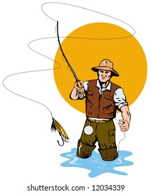Fly fisherman casting his fly line