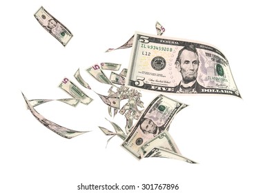 Fly Five dollar banknotes close-up (isolated and clipping path)