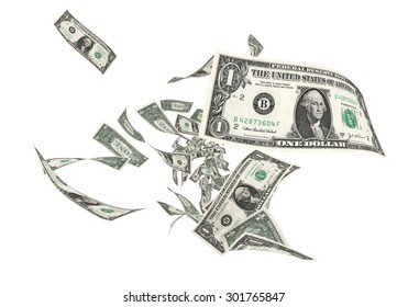 Fly One dollar banknotes close-up (isolated and clipping path)