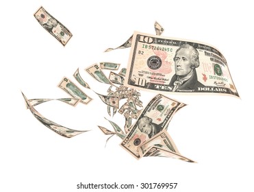 Fly Ten dollar banknotes close-up (isolated and clipping path)