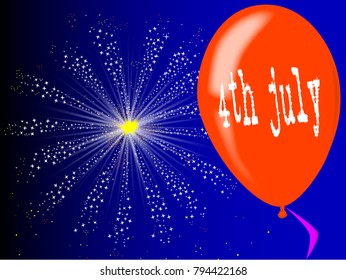 A flyaway red balloon with a skyrocket explosion with fallout and a 4th July message message.