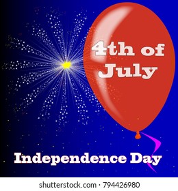 A flyaway red balloon with a skyrocket explosion with fallout, with the legends Independence Day and 4th of July.