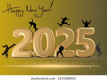 Flyer for congratulating the New Year 2025 with dancing silhouettes on a gold-colored background and golden numbers - Powered by Shutterstock