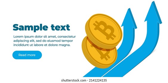 Flyer Web Banner Template 2 Gold Volume Coins Of Virtual Digital Crypto Currency Bitcoin On White Background And Two Up Arrow With Text And Button. Upward Movement. 