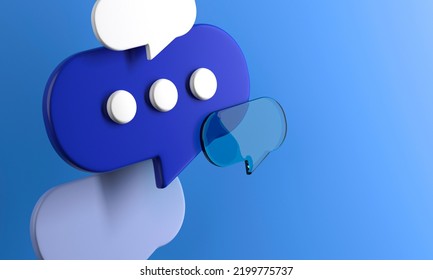 Flying 3D speech bubbles icons on blue background. Social media communication concept. Chat page. 3d render illustration