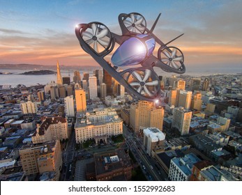 Flying Сar,  Aircraft Flying Above The Cityscape, Future Car 3d Concept, Futuristic Vehicle In The City, Air Car, 3D Rendering