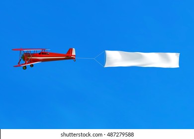 Flying Airplane And Banner On Blue Sky. 3D Illustration