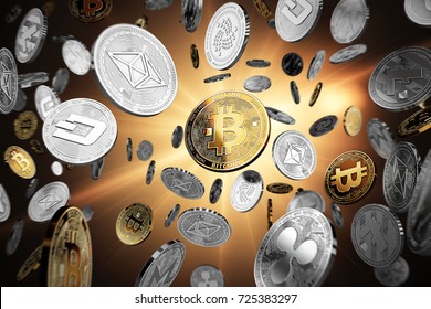 Flying Altauben mit Bitcoin in der Mitte als der Anführer. Bitcoin als wichtigstes Kryptowährungskonzept. 3D-Illustration