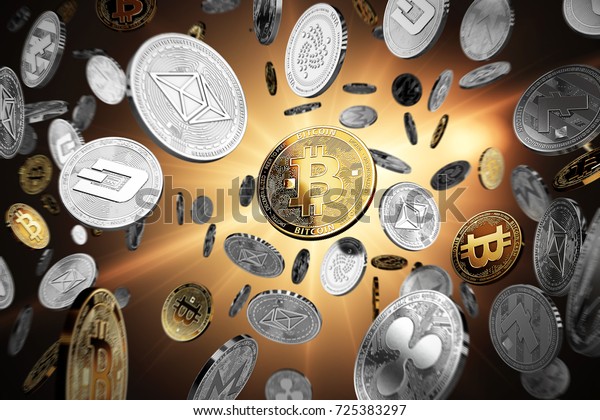 Flying altcoins with Bitcoin in the center as the leader. Bitcoin as most important cryptocurrency concept. 3D illustration