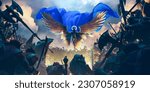 flying angelic demon fighting over an orcs horde with a blue cape and spread wings in an epic pose in the dust and mist, noise and chromatic aberration to add realism, 3D rendering concept art