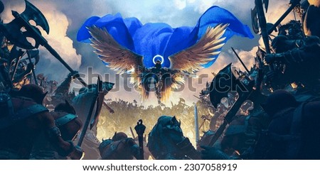 flying angelic demon fighting over an orcs horde with a blue cape and spread wings in an epic pose in the dust and mist, noise and chromatic aberration to add realism, 3D rendering concept art Stock foto © 