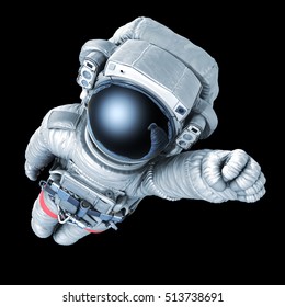 Fliegender Astronaut auf schwarzem Hintergrund, 3D-Rendering mit einem Arbeitspfad