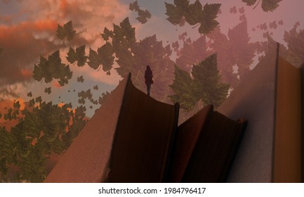 Flying autumn leaves. Imaginary world. Surreal alternative realm. Dreamlike abstract imaginary image. 3D illustration.