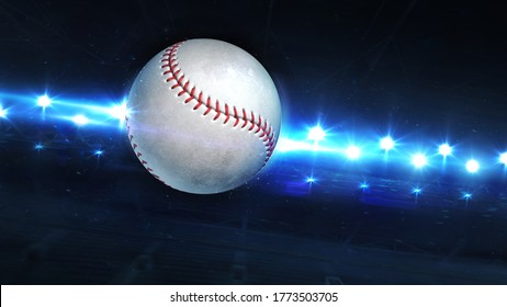 Flying Baseball Ball And Shiny Spotlights Behind. Digital 3D illustration of sport equipment for background use.