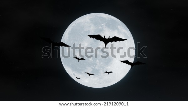 Flying bat silhouette in front of the moon\
shining in the sky. 3d\
rendering.