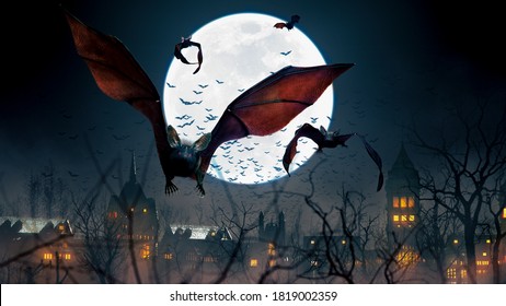 Flying bats in a full moon  scary night with trees in a gothic village and orange lights - concept art - 3D rendering