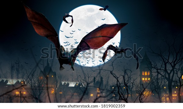 Flying bats in\
a full moon  scary night with trees in a gothic village and orange\
lights - concept art - 3D\
rendering