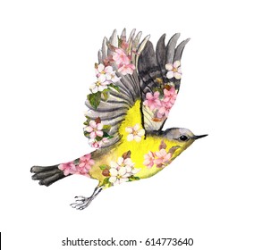 Flying Bird In Flowers. Watercolor