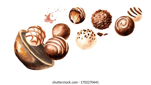 Flying  from the bowl Chocolate candy, truffle, praline. Hand drawn watercolor illustration isolated on white background