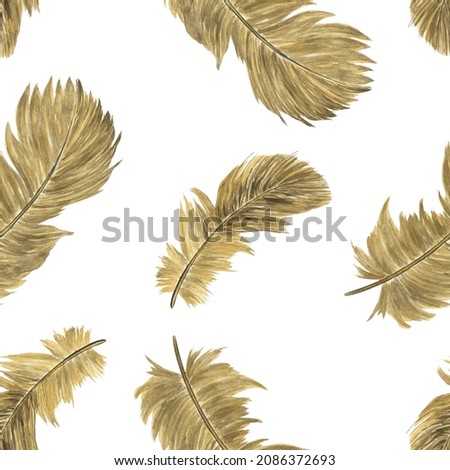 Flying brown feather in seamless pattern on white background. Watercolor hand drawing illustration. Realistic painting of feather in wallpaper or digital paper.