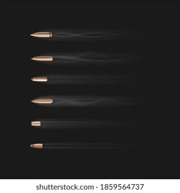 Flying Bullet. Various Type Firearm Projectiles In Slow Motion. Realistic Flying Bullet With Smoke Trace Isolated On Black Background. Gunfire, Weapon Metal Shot, Ammo Illustration