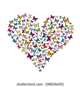 Flying butterflies pattern in heart shape isolated on white background