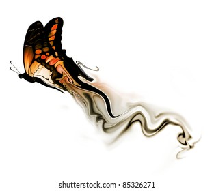 flying butterfly with smoke on a white background