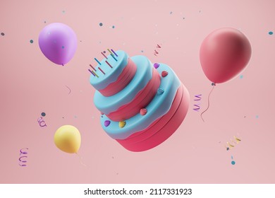 Flying cake with balls and candles on a pink background. Holiday concept. 3d rendering - Powered by Shutterstock