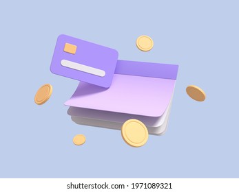 Flying calendar, checkbook, with coins, and credit card on blue isolated background symbolizing payment of taxes. Fast money concept. 3d render