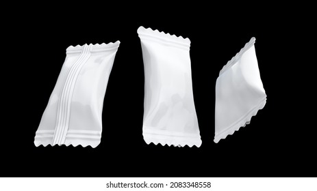 Flying Candy Wrapper Packaging White Polyethylene Package, Snack Bar 3d Illustration