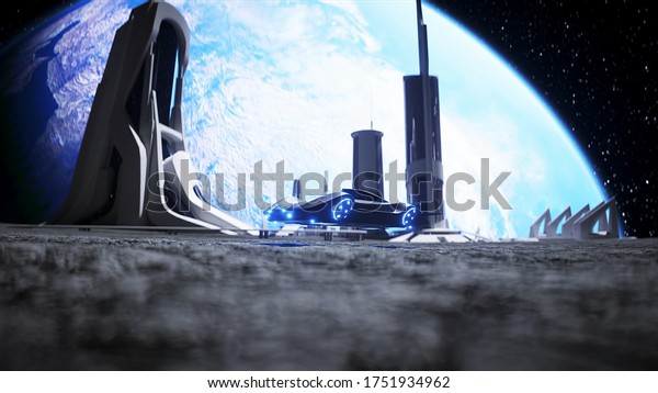flying car in the City on the moon, base,\
colony. 3d\
rendering.