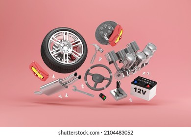 Flying Car Parts On Pink Studio Background. 3d Rendering