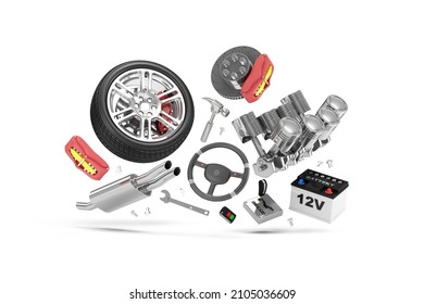 Flying Car Parts on white background. 3d rendering - Powered by Shutterstock