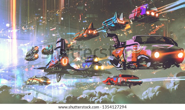 flying car traffic in the\
futuristic world, digital art style, illustration\
painting