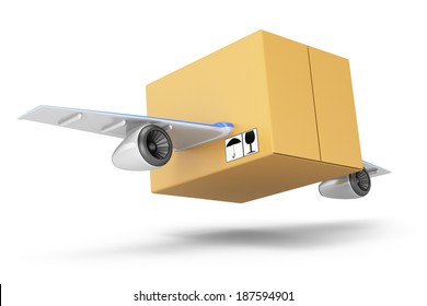 Flying cardboard box isolated on white background. Quick delivery concept. 3d rendering illustration