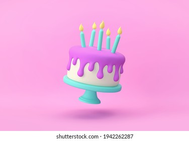 Flying cartoon cake with candles isolated on pink background. 3D rendering with clipping path
