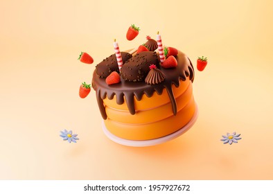 Flying Chocolate Cake  Birthday And Celebration Concept  With Red Strawberries , Dark Cocoa Ice Creams Nuts Toppings Put On Icing And Sweet Candle Decoration 3d Illustration For Advertising