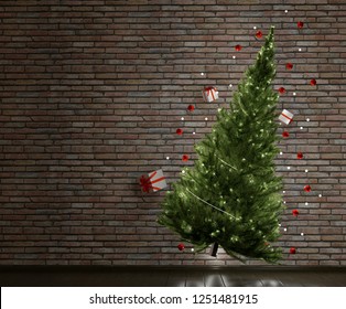 Flying Christmas Tree With Gifts And Balls. Christmas Mess. Copy Space. 3D Rendering.