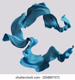 Flying circle of fabric element, blue floating scarf 3d rendering, fashion banner for product advertising