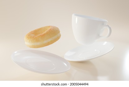 Flying Coffee Cup With Saucer And Golden Doughnut Mock Up Banner. Confectionery Pastry For Breakfast Or Sweet Round Dessert With White Empty Mug On Isolated Beige Background. Realistic 3d Illustration