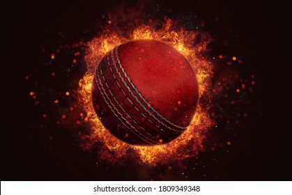 Flying Cricket Ball In Burning Flames Close Up On Dark Brown Background. Classical Sport Equipment As Conceptual 3D Illustration.