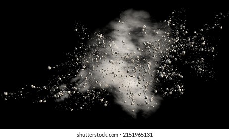 Flying Debris With Dust On Black Background, 3d Rendering