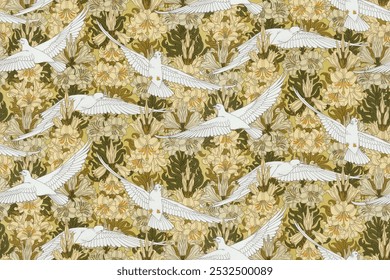 Flying doves pattern background, Maurice's wild animal forest pattern background, famous artwork remixed, vintage flying doves background. Vintage aesthetic exotic wild forest pattern background.