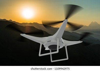 Flying drone with integrated camera on sunset. 3D rendered illustration.
