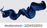 Flying fabric element, blue floating scarf 3d rendering, fashion banner for product advertising